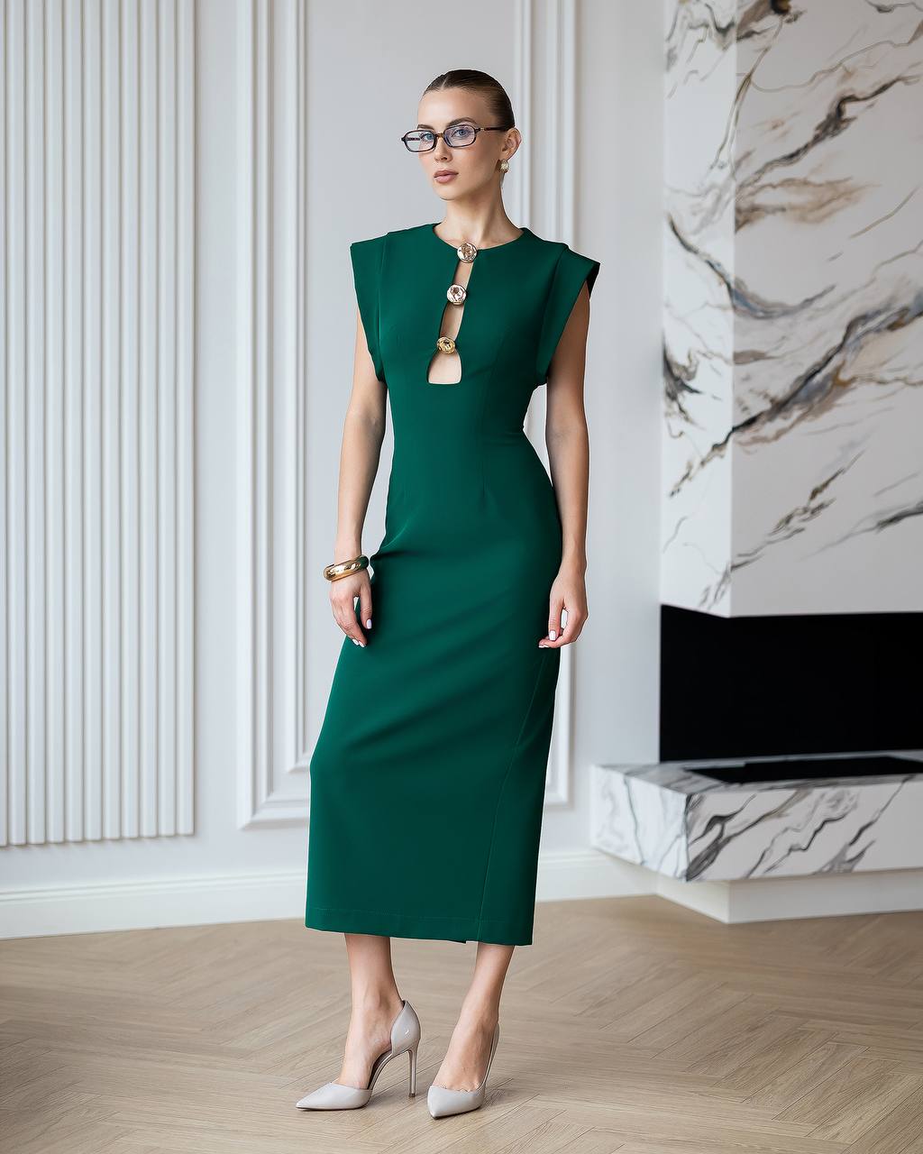 Elegant Midi Pencil Dress with Gold Hardware, Sleeveless Structured Evening Cocktail Dress, Party Dress, Wedding Guest Dress, Clothing Gift