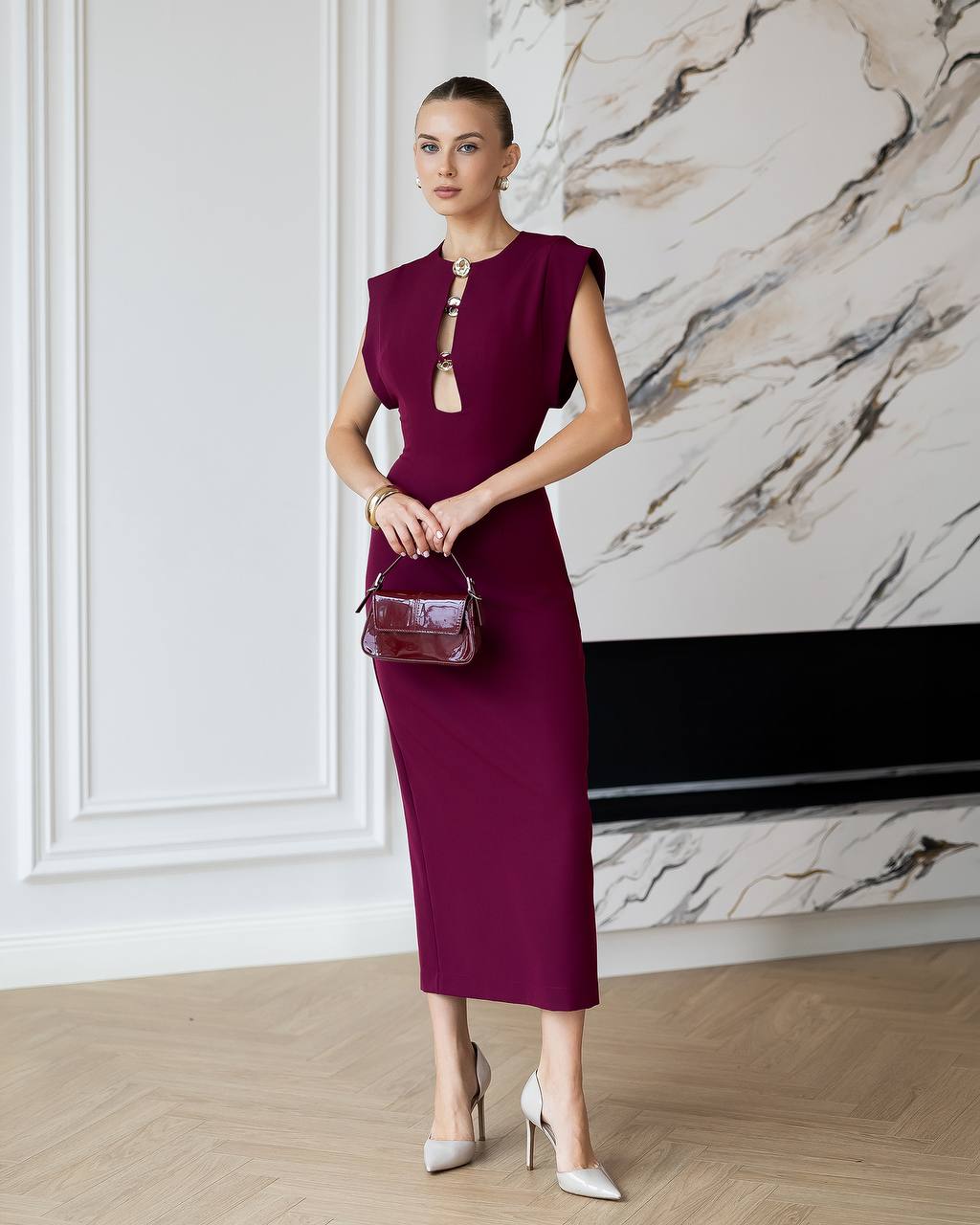 Elegant Midi Pencil Dress with Gold Hardware, Sleeveless Structured Evening Cocktail Dress, Party Dress, Wedding Guest Dress, Clothing Gift