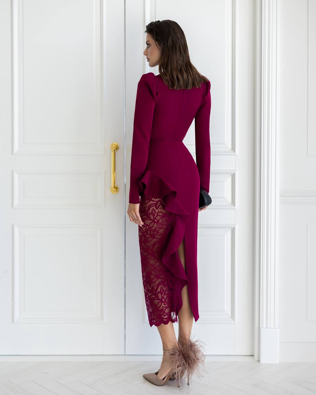 Lace Insert Midi Dress, Cocktail Party Dress, Long Sleeve Bodycon Dress with Peplum, Homecoming Dress, Wedding Guest Dress, Clothing Gift