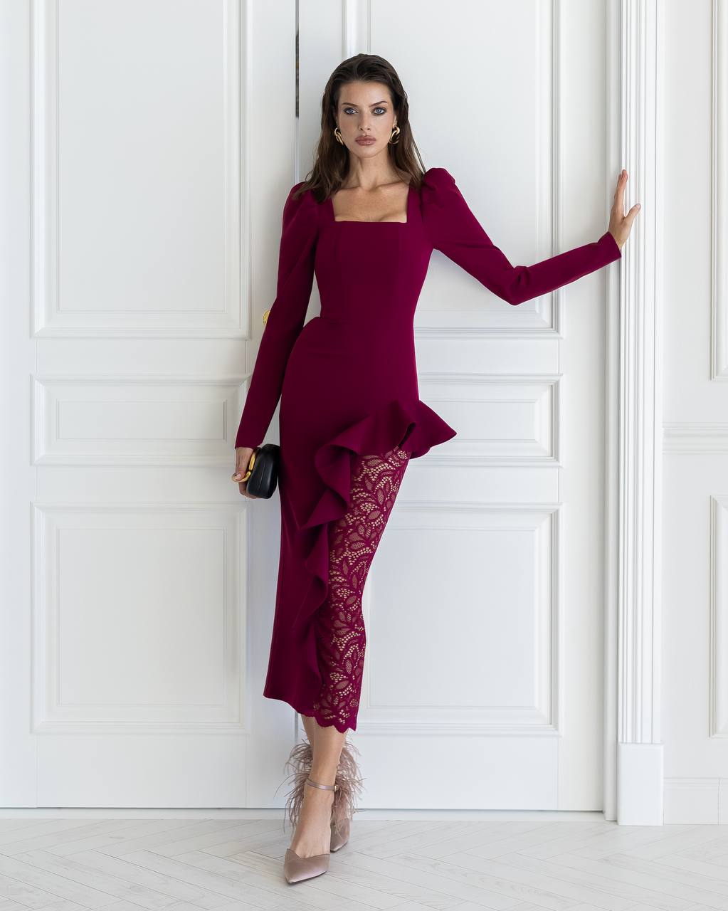 Lace Insert Midi Dress, Cocktail Party Dress, Long Sleeve Bodycon Dress with Peplum, Homecoming Dress, Wedding Guest Dress, Clothing Gift