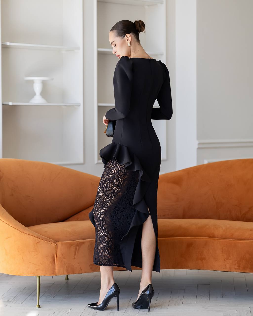 Lace Insert Midi Dress, Cocktail Party Dress, Long Sleeve Bodycon Dress with Peplum, Homecoming Dress, Wedding Guest Dress, Clothing Gift