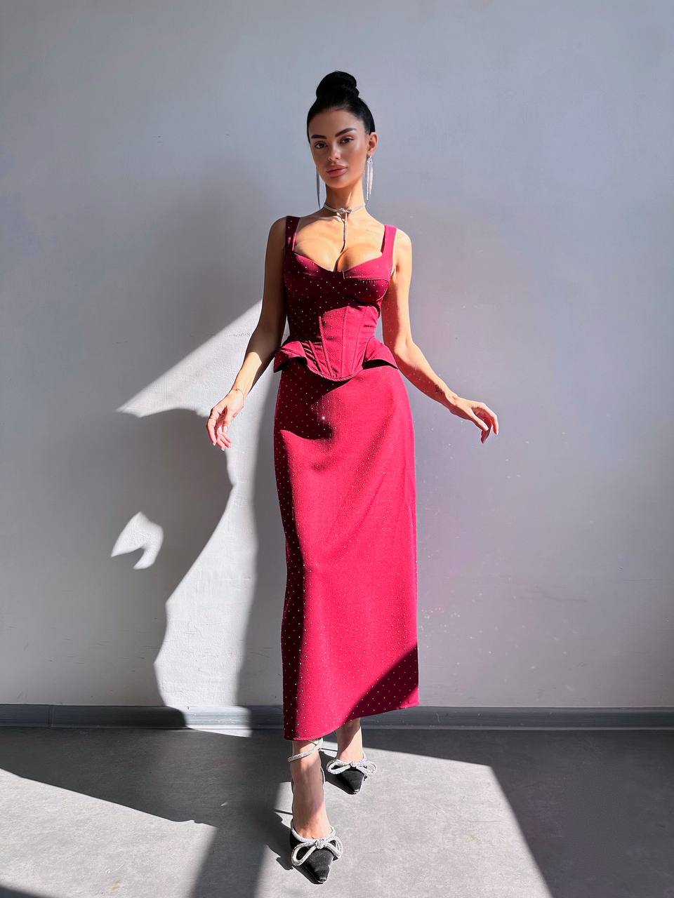2 Piece Party Outfit, Rhinestone Corset Top and Midi Skirt Set,  Sparkling Bustier Top+Fitted Midi Skirt, Wedding Guest Dress, Clothing Gift
