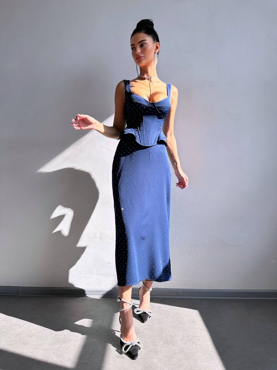 2 Piece Party Outfit, Rhinestone Corset Top and Midi Skirt Set,  Sparkling Bustier Top+Fitted Midi Skirt, Wedding Guest Dress, Clothing Gift