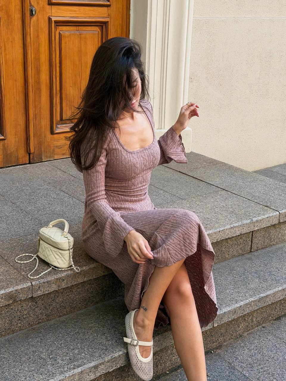 Knit Corset Midi Dress, Square Neck Long Sleeve Cable Knit Dress, Corset Back Tie Sweater Dress, Elegant  Maxi Dress, Clothing Gift for Her