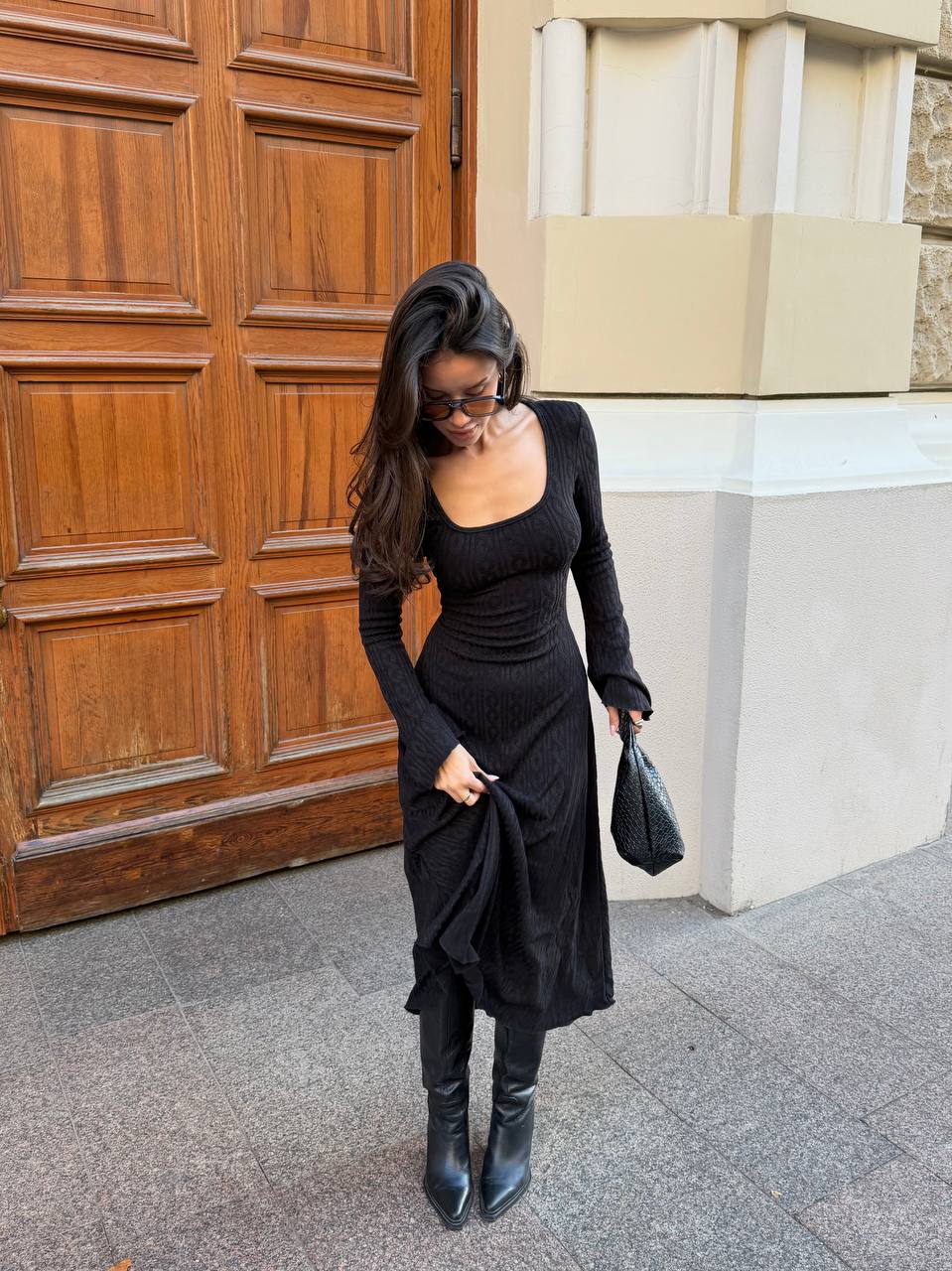 Knit Corset Midi Dress, Square Neck Long Sleeve Cable Knit Dress, Corset Back Tie Sweater Dress, Elegant  Maxi Dress, Clothing Gift for Her