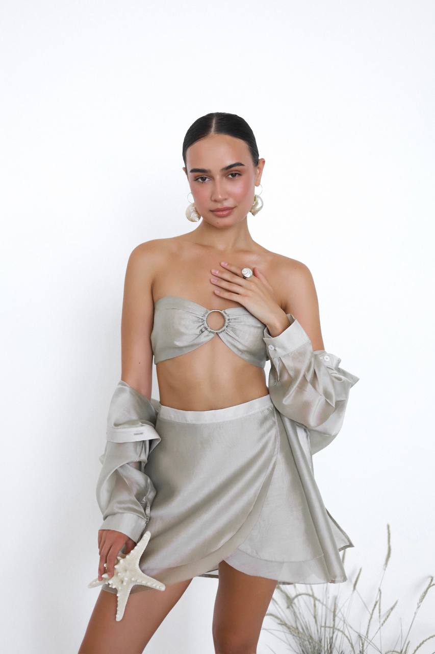 Woman wearing a silver dress with ruffled sleeves against a white background