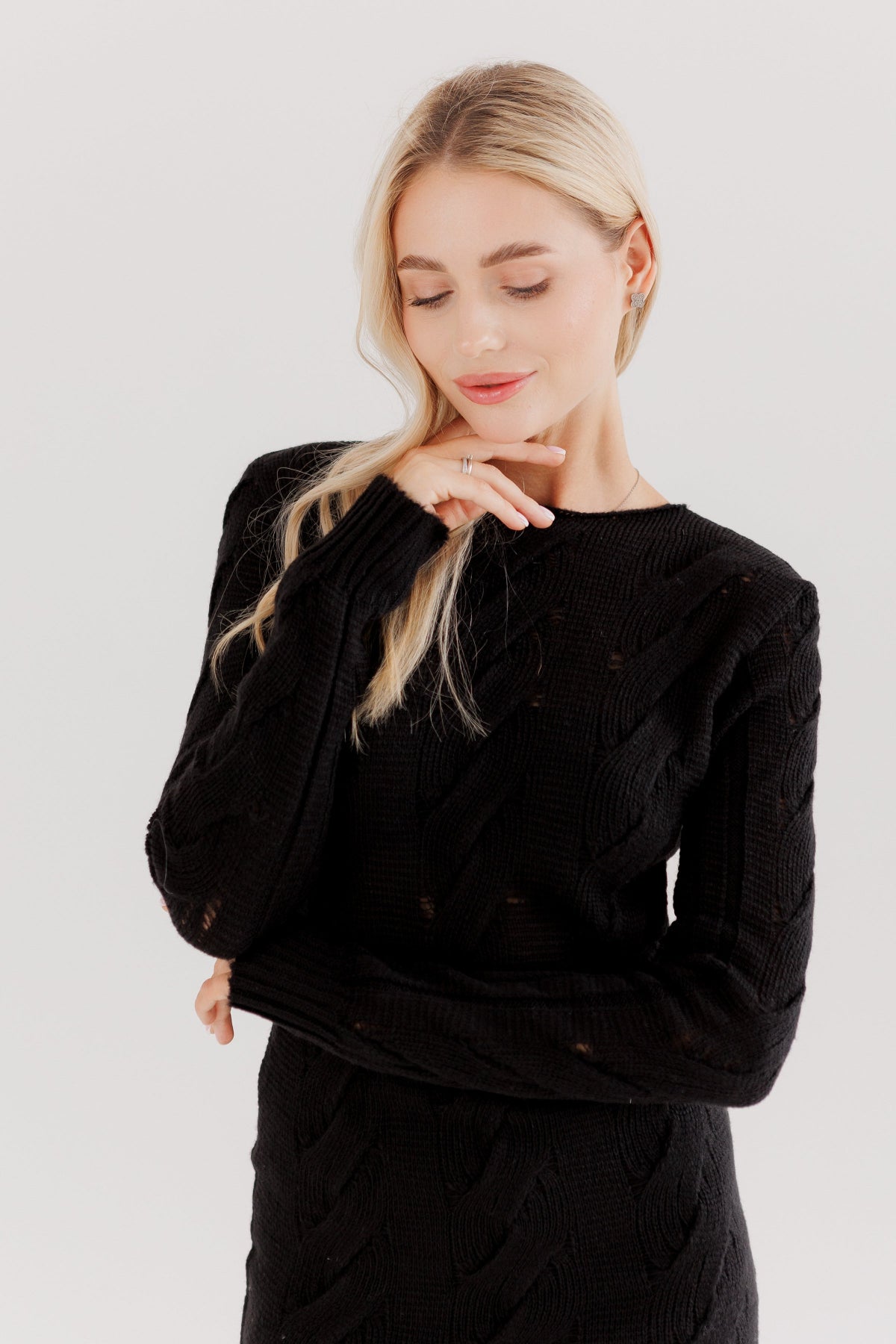 Black Knit Midi Dress — Wool Blend Cable Knit Bodycon, Winter Elegant Dress