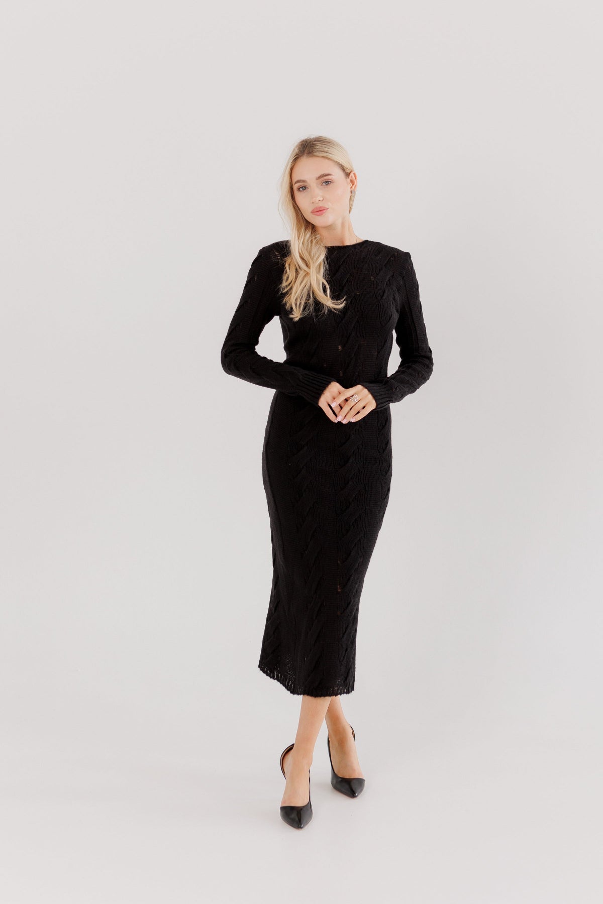 Black Knit Midi Dress — Wool Blend Cable Knit Bodycon, Winter Elegant Dress