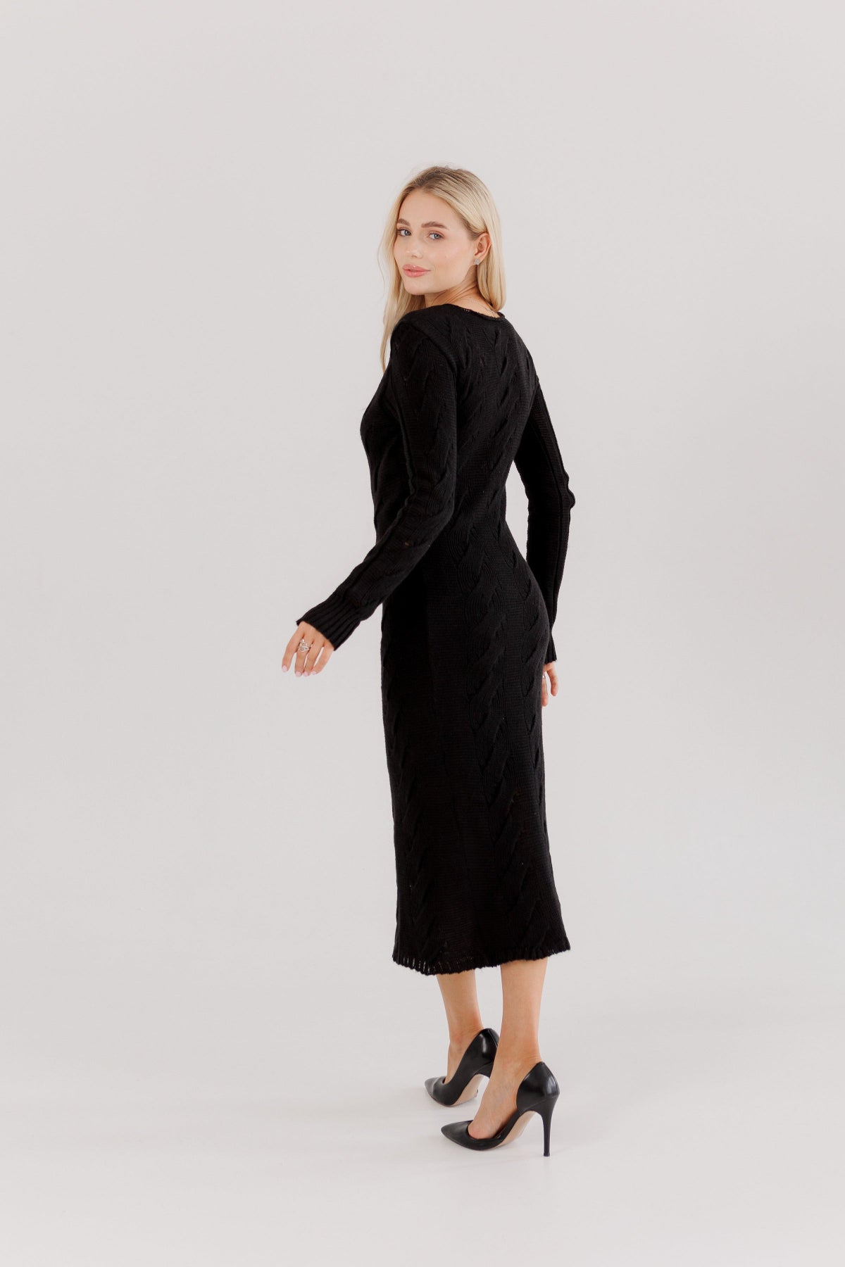 Black Knit Midi Dress — Wool Blend Cable Knit Bodycon, Winter Elegant Dress