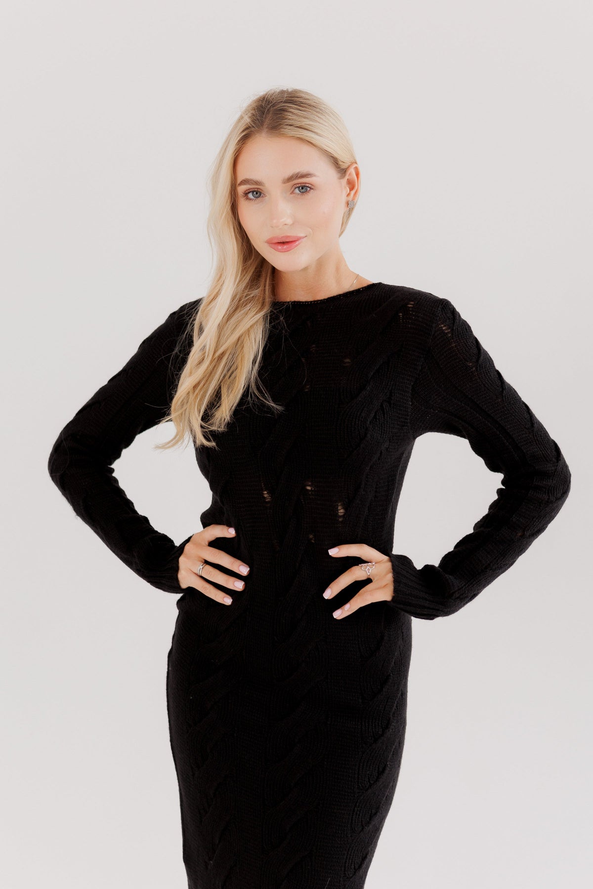 Black Knit Midi Dress — Wool Blend Cable Knit Bodycon, Winter Elegant Dress