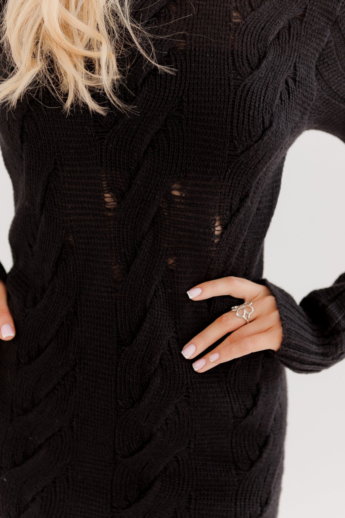 Black Knit Midi Dress — Wool Blend Cable Knit Bodycon, Winter Elegant Dress