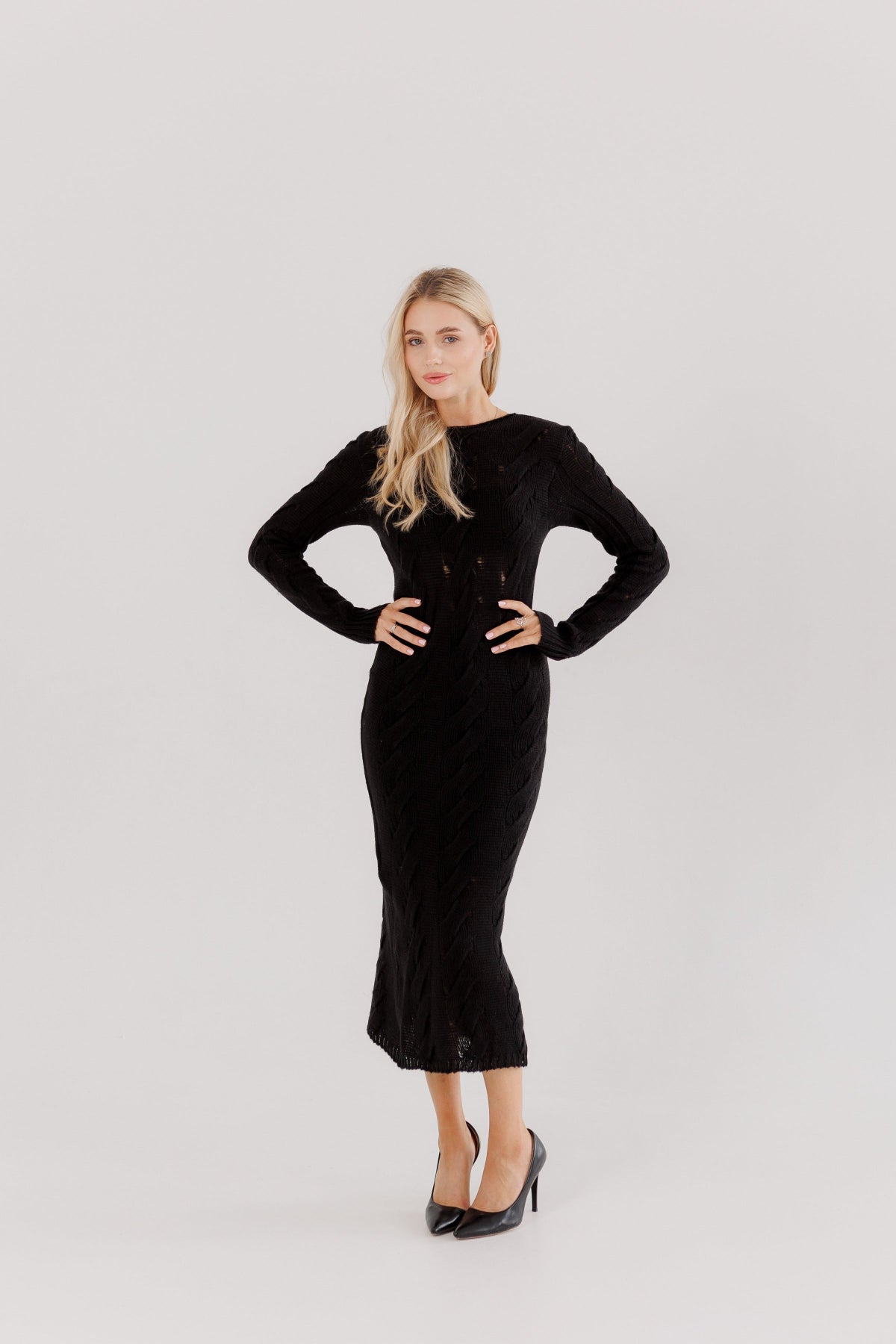 Black Knit Midi Dress — Wool Blend Cable Knit Bodycon, Winter Elegant Dress