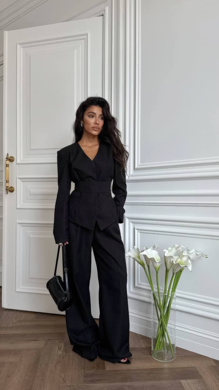 Woman in a black suit standing in a room with white walls and a vase of flowers.