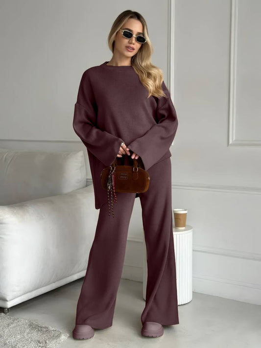 Brown Knit Lounge Set – Premium Soft Sweater & Wide-Leg Pants