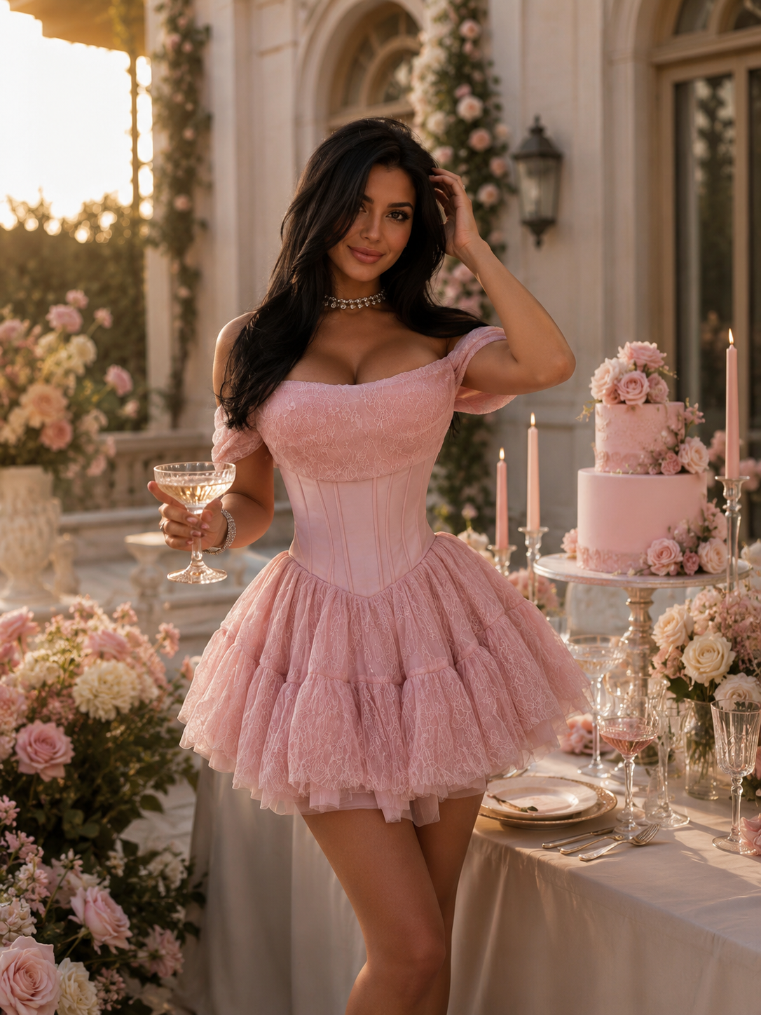 A woman stands in an elegant outdoor event setting wearing a light pink off-the-shoulder corset mini dress with a tiered tulle skirt. She holds a cocktail glass, with a decorated pink cake, candles, and floral arrangements on a table beside her.