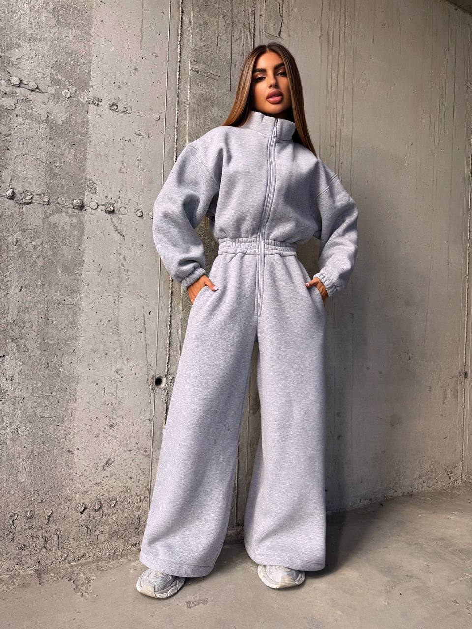 Fleece Lined Jumpsuit for Women, Thermal Cozy Romper with Wide Leg Pants, Long Sleeve Zip Up Sweatshirt Jumpsuit, Fall Winter Loungewear Set
