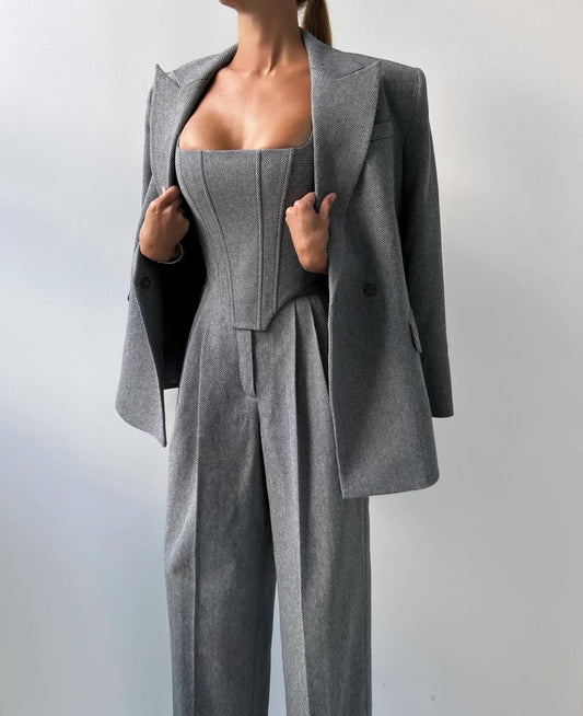 Light Beige 3-Piece Suit – Tailored Blazer, Corset Top & Wide-Leg Pants