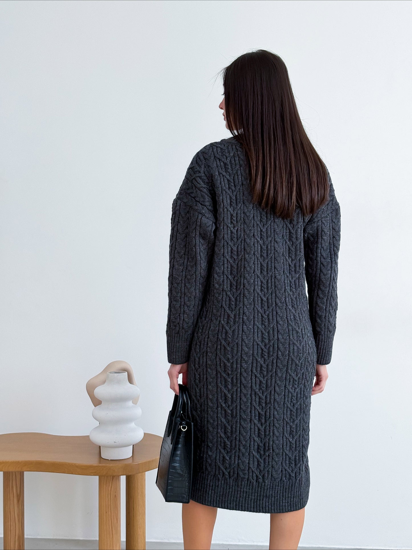 Grey Knit Wool Dress – Oversized Cable Knit Scandinavian Style
