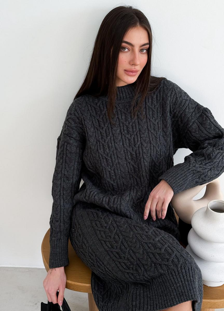 Grey Knit Wool Dress – Oversized Cable Knit Scandinavian Style