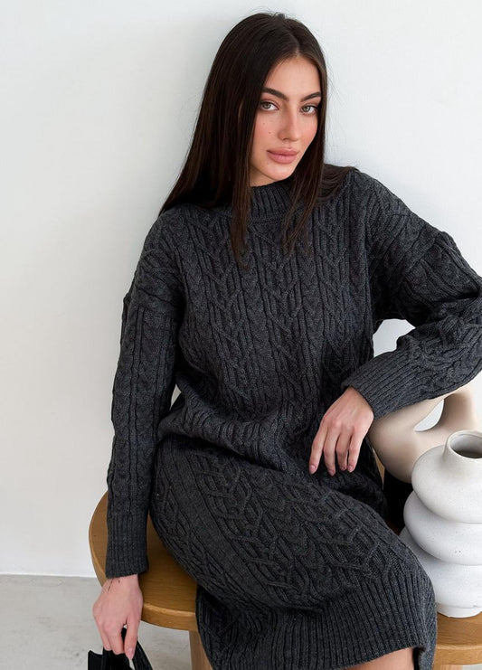 Grey Knit Wool Dress – Oversized Cable Knit Scandinavian Style