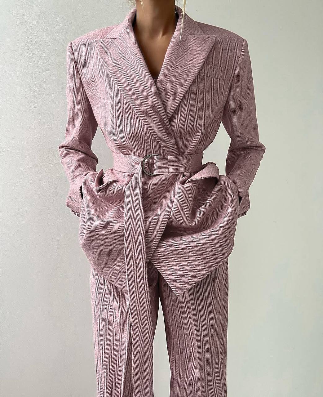 Women’s 3-Piece Pink Suit – Blazer + Corset Top + Wide-Leg Pants, Elegant Modern Set
