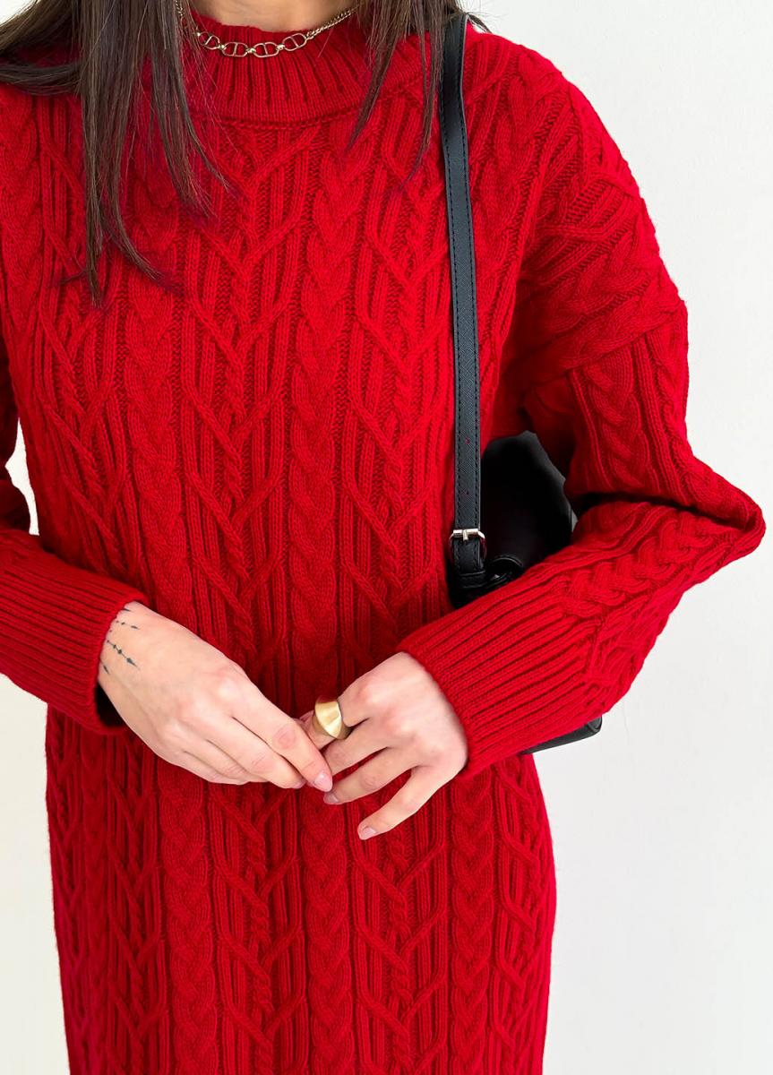 Red Knit Wool Dress – Oversized Cable Knit Scandinavian Style