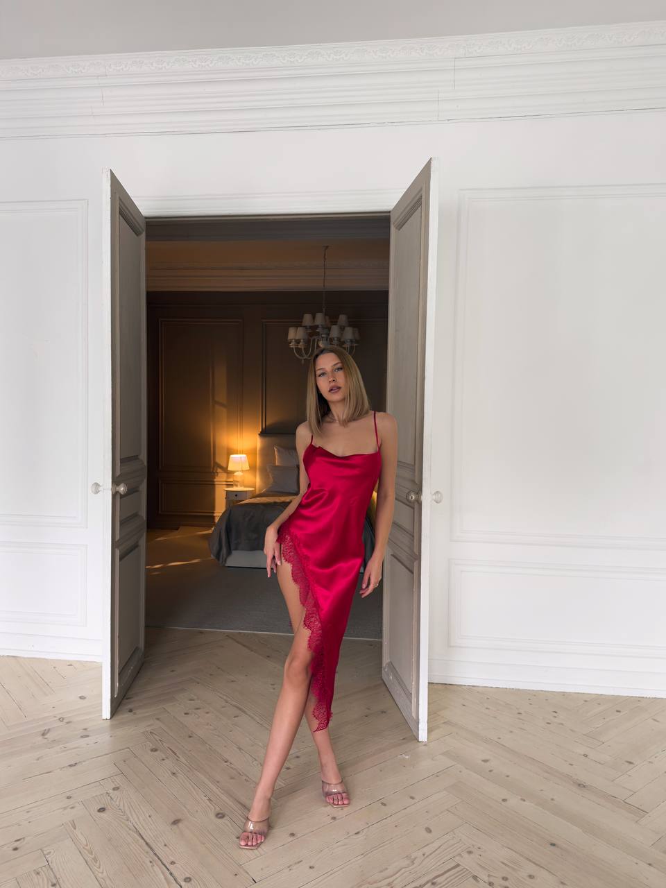 Red Satin Slip Dress – Lace Trim Nightgown, Sexy Lingerie, Boudoir Chemise
