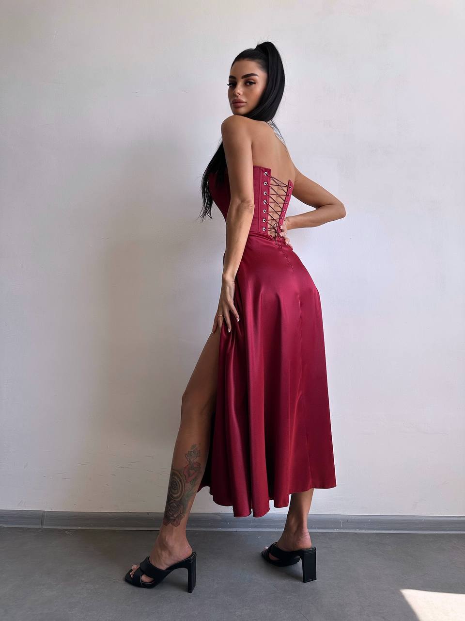 Satin Corset Midi Dress, High Slit Cocktail Party Dress, Wedding Guest Dress, Romantic Date Night Dress, Bridesmaid,Prom Dress,Clothing Gift