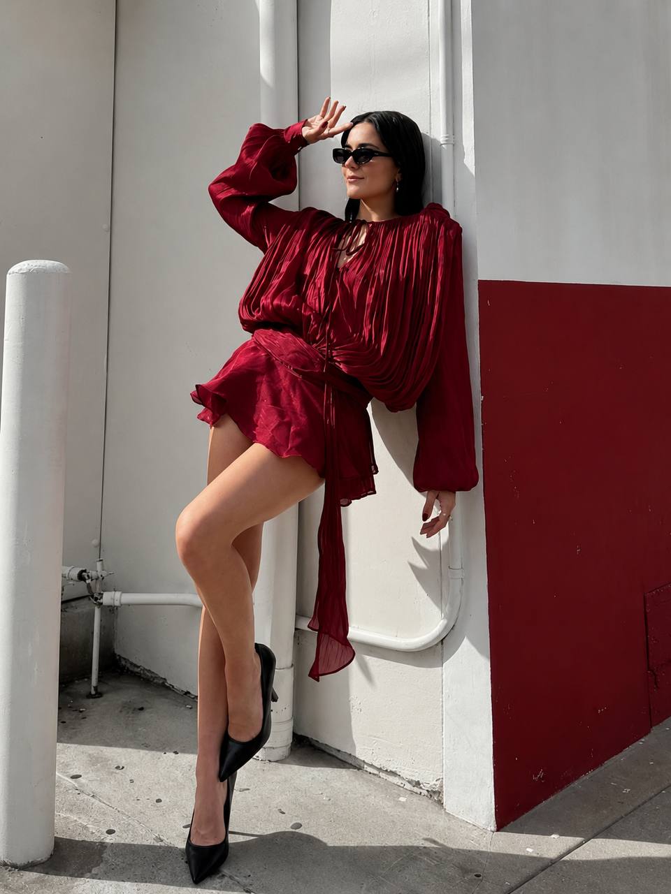 Satin Mini Dress with Shorts, Draped Belted Dress, Elegant Party Dress, Long Sleeve Cocktail Dress, Wedding Guest Dress