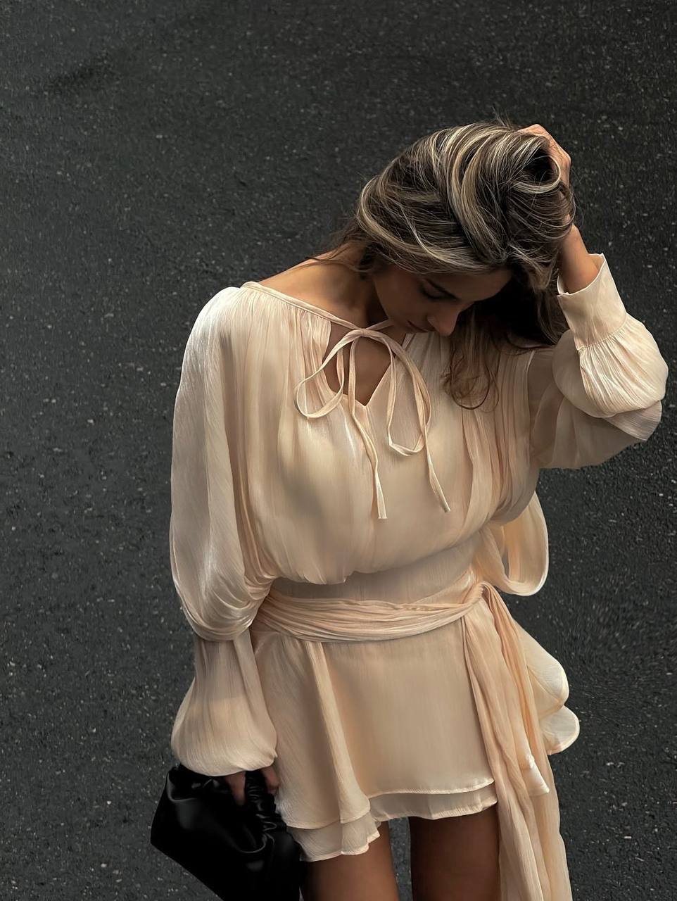 Satin Mini Dress with Shorts, Draped Belted Dress, Elegant Party Dress, Long Sleeve Cocktail Dress, Wedding Guest Dress