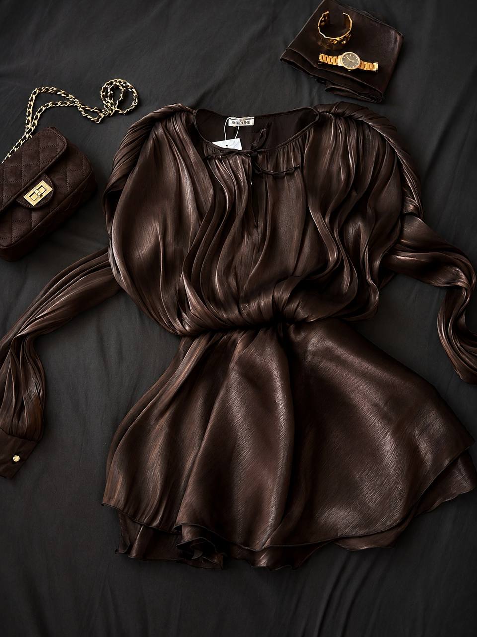 Satin Mini Dress with Shorts, Draped Belted Dress, Elegant Party Dress, Long Sleeve Cocktail Dress, Wedding Guest Dress