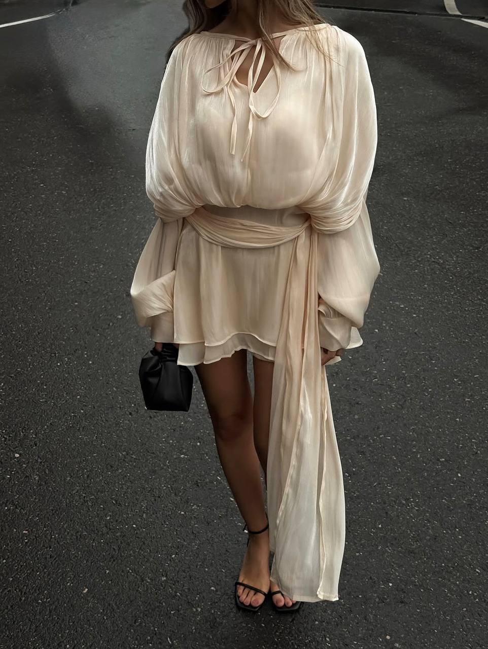 Satin Mini Dress with Shorts, Draped Belted Dress, Elegant Party Dress, Long Sleeve Cocktail Dress, Wedding Guest Dress