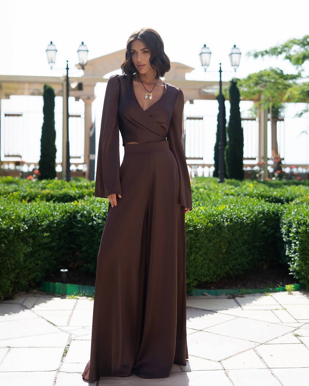 Satin Wrap Top + Wide Leg Pants Suit Women, Long  Sleeve Top, Palazzo Pants, Wedding Guest Outfit