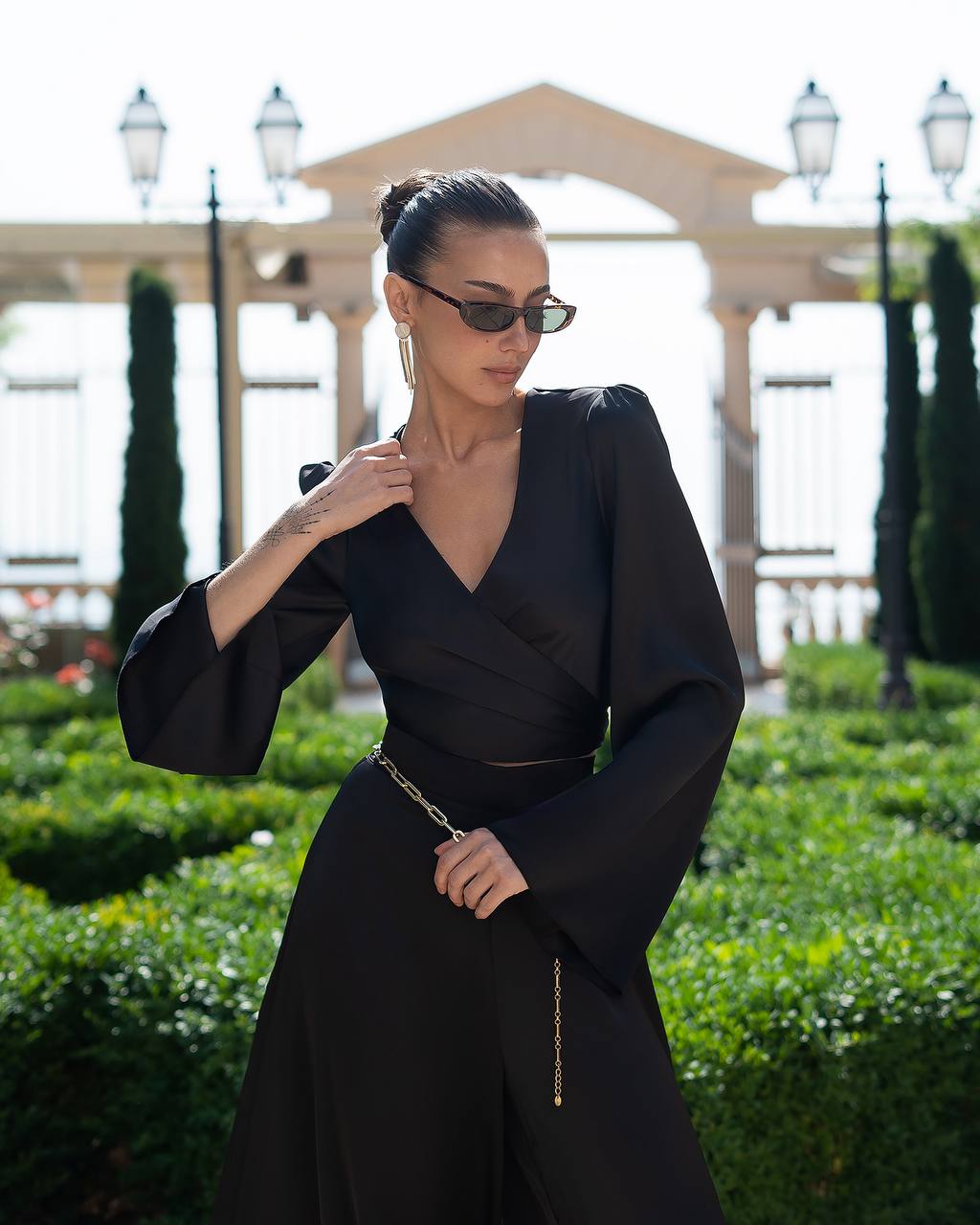 Satin Wrap Top + Wide Leg Pants Suit Women, Long  Sleeve Top, Palazzo Pants, Wedding Guest Outfit