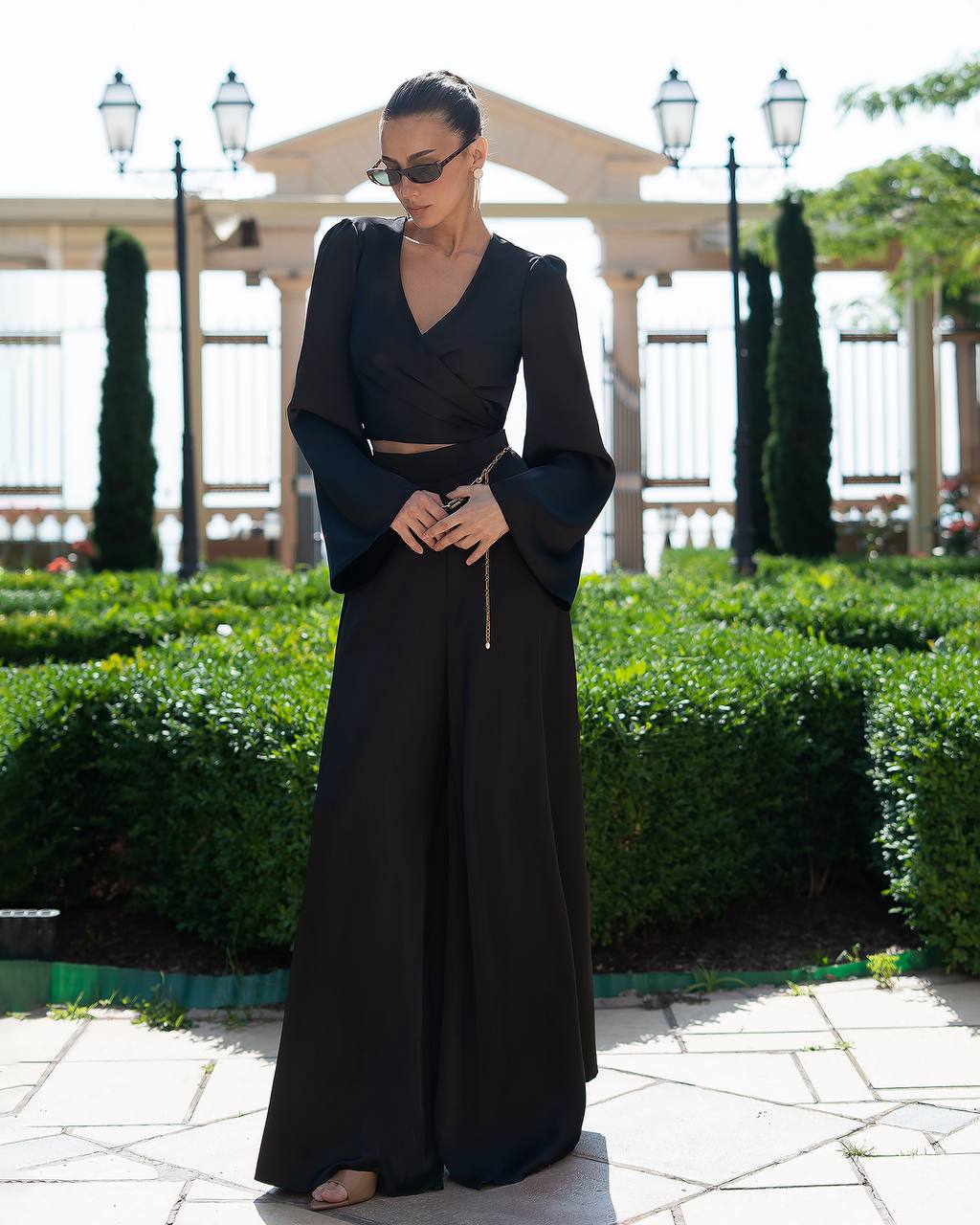 Satin Wrap Top + Wide Leg Pants Suit Women, Long  Sleeve Top, Palazzo Pants, Wedding Guest Outfit