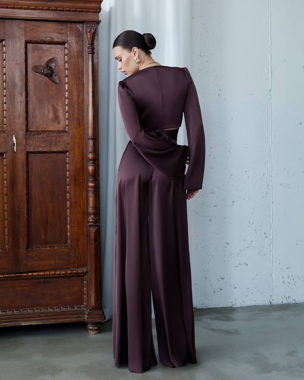 Satin Wrap Top + Wide Leg Pants Suit Women, Long  Sleeve Top, Palazzo Pants, Wedding Guest Outfit