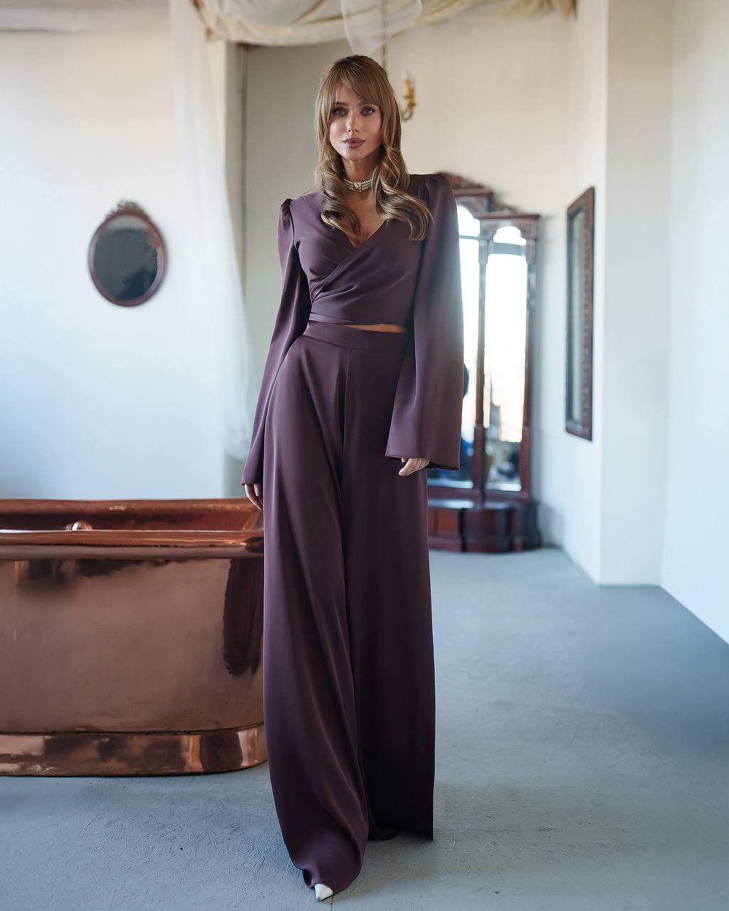 Satin Wrap Top + Wide Leg Pants Suit Women, Long  Sleeve Top, Palazzo Pants, Wedding Guest Outfit