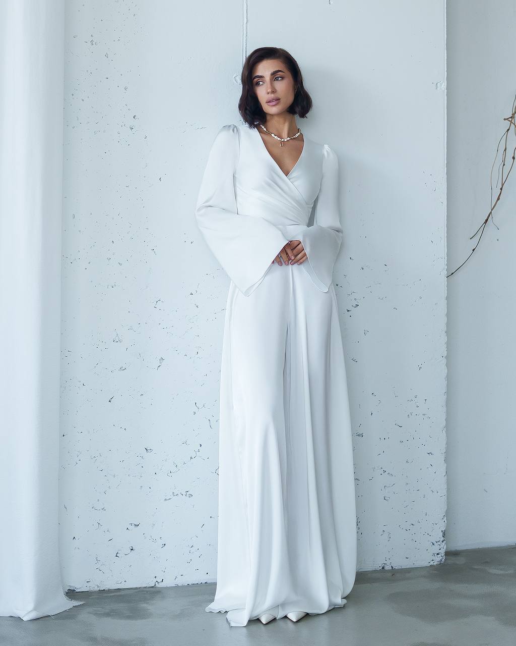 Satin Wrap Top + Wide Leg Pants Suit Women, Long  Sleeve Top, Palazzo Pants, Wedding Guest Outfit