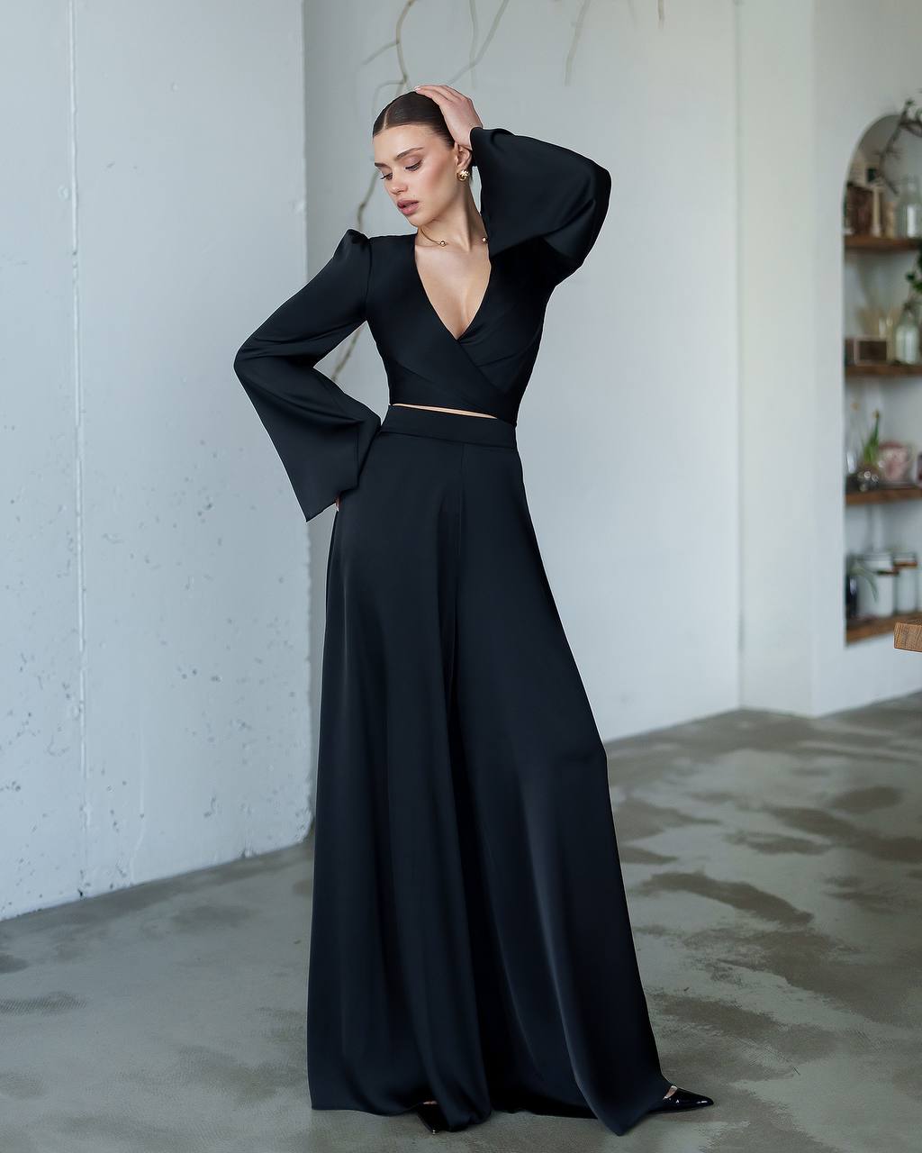 Satin Wrap Top + Wide Leg Pants Suit Women, Long  Sleeve Top, Palazzo Pants, Wedding Guest Outfit