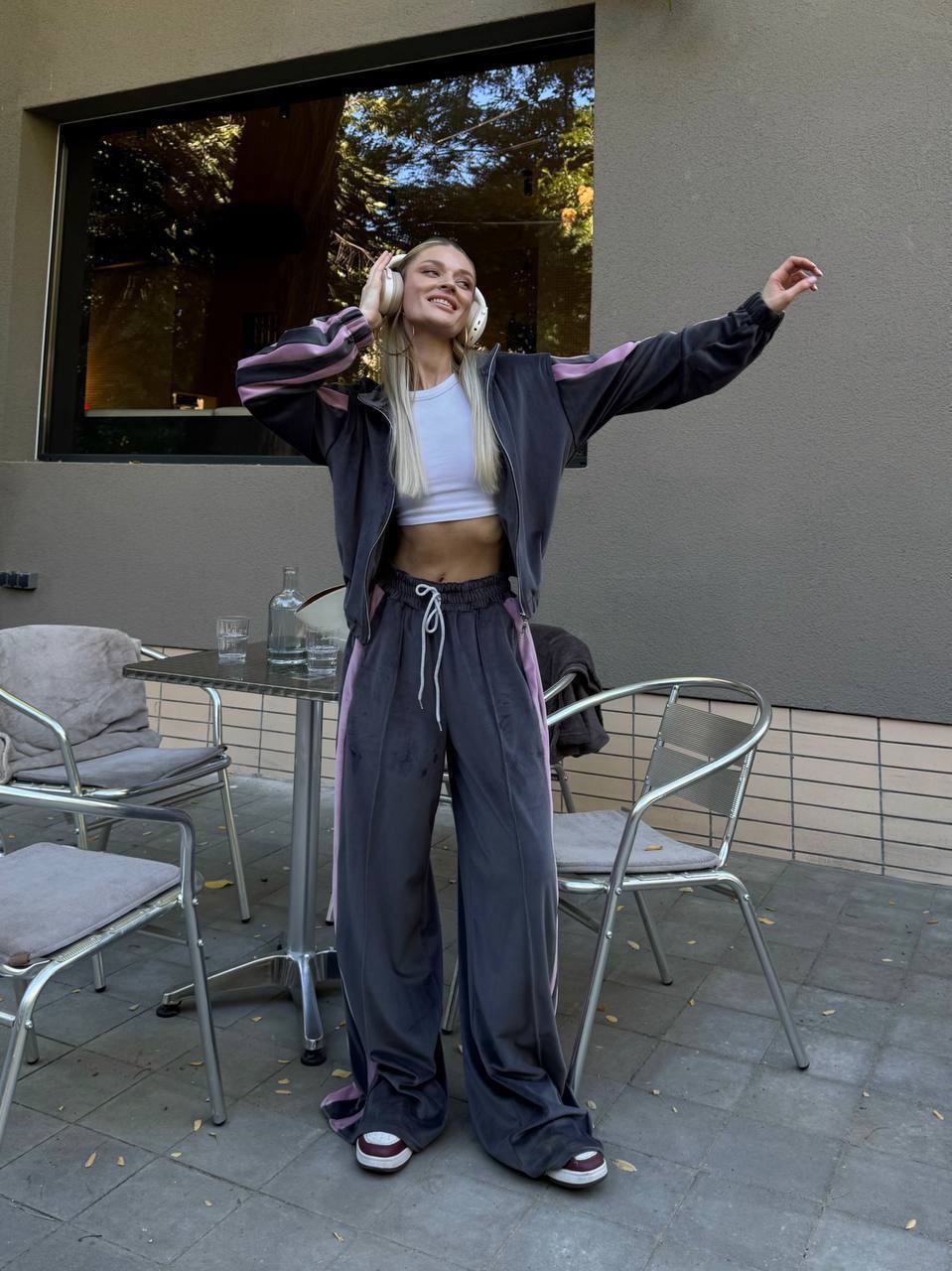 Velour Tracksuit,  2 Piece Set with Striped Joggers & Zip Hoodie, Elegant Loungewear