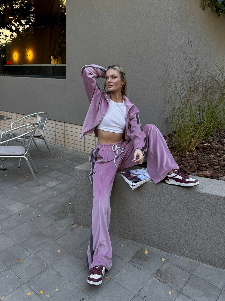 Velour Tracksuit,  2 Piece Set with Striped Joggers & Zip Hoodie, Elegant Loungewear