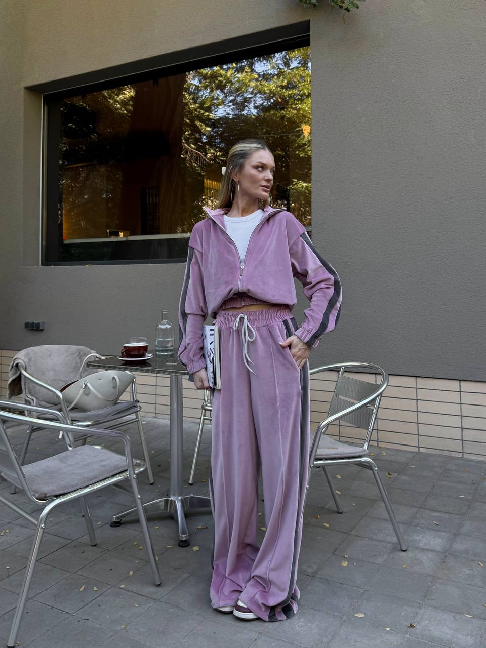 Velour Tracksuit,  2 Piece Set with Striped Joggers & Zip Hoodie, Elegant Loungewear
