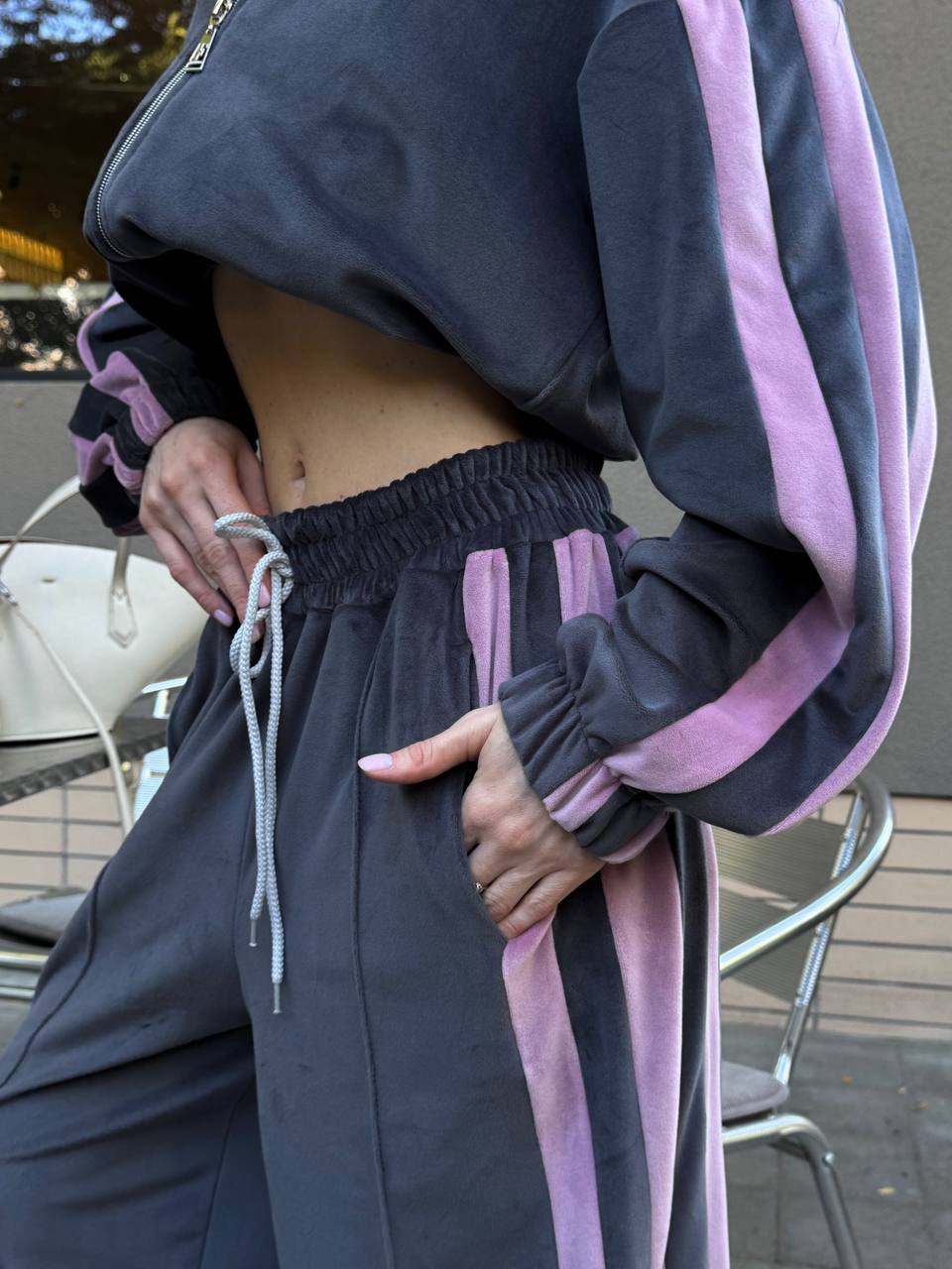 Velour Tracksuit,  2 Piece Set with Striped Joggers & Zip Hoodie, Elegant Loungewear