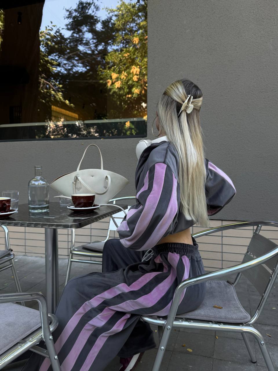 Velour Tracksuit,  2 Piece Set with Striped Joggers & Zip Hoodie, Elegant Loungewear