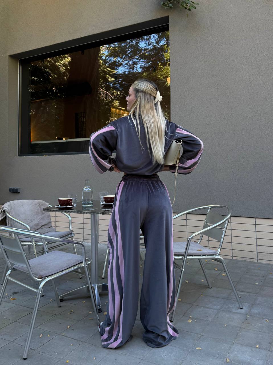 Velour Tracksuit,  2 Piece Set with Striped Joggers & Zip Hoodie, Elegant Loungewear