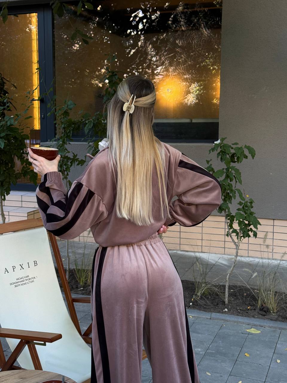 Velour Tracksuit,  2 Piece Set with Striped Joggers & Zip Hoodie, Elegant Loungewear