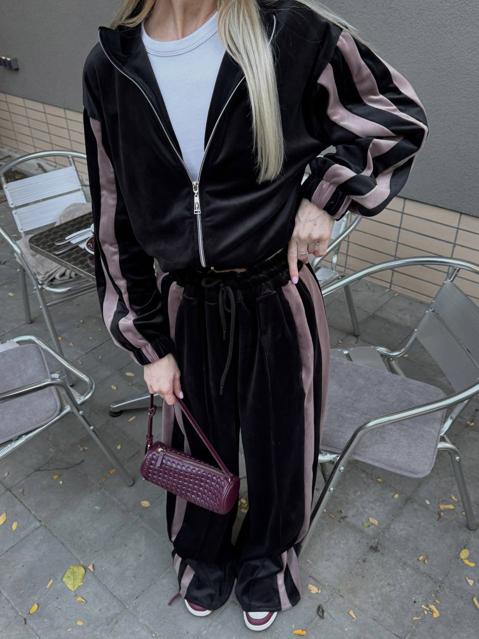 Velour Tracksuit,  2 Piece Set with Striped Joggers & Zip Hoodie, Elegant Loungewear