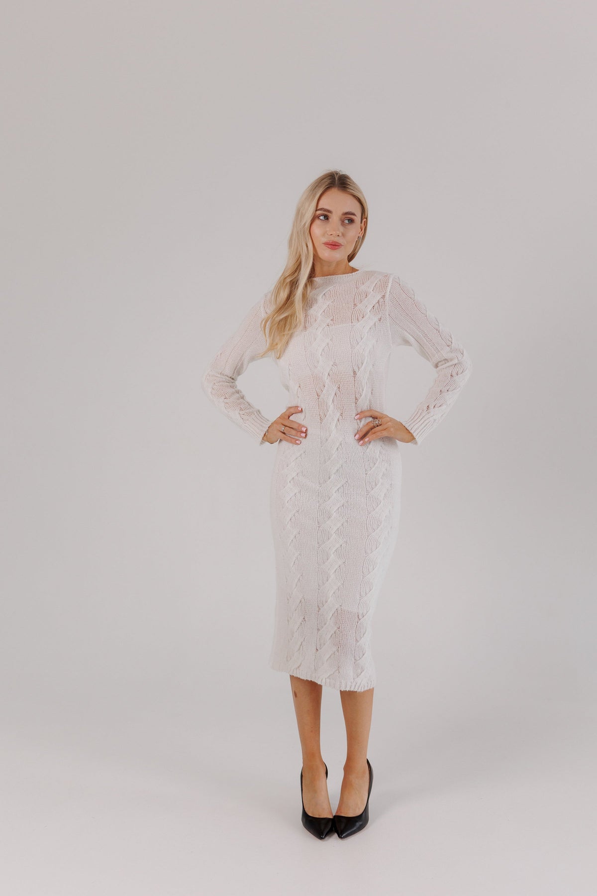 White Knit Midi Dress — Wool Blend Cable Knit Bodycon, Winter Elegant Dress