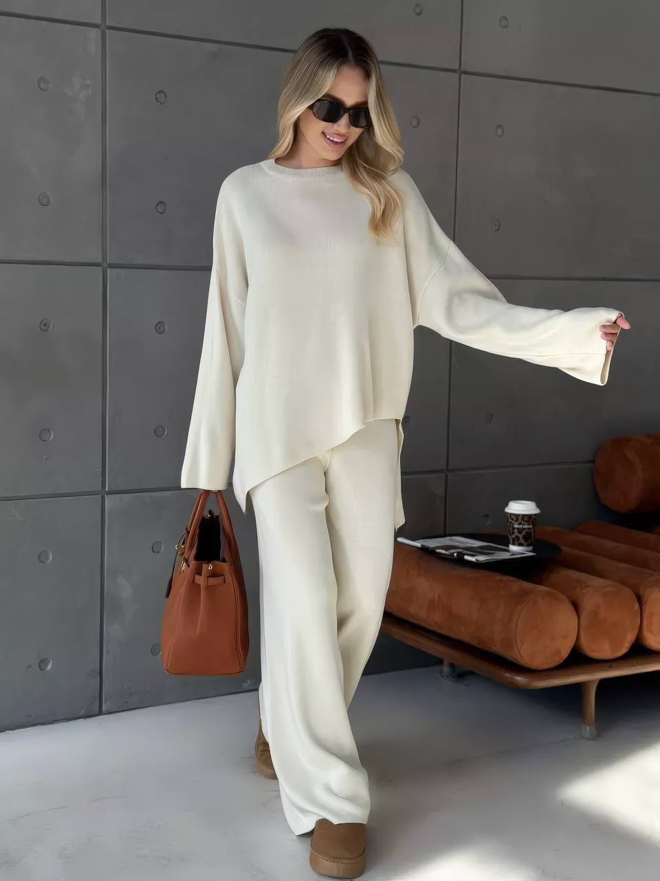 White Knit Lounge Set – Premium Soft Sweater & Wide-Leg Pants