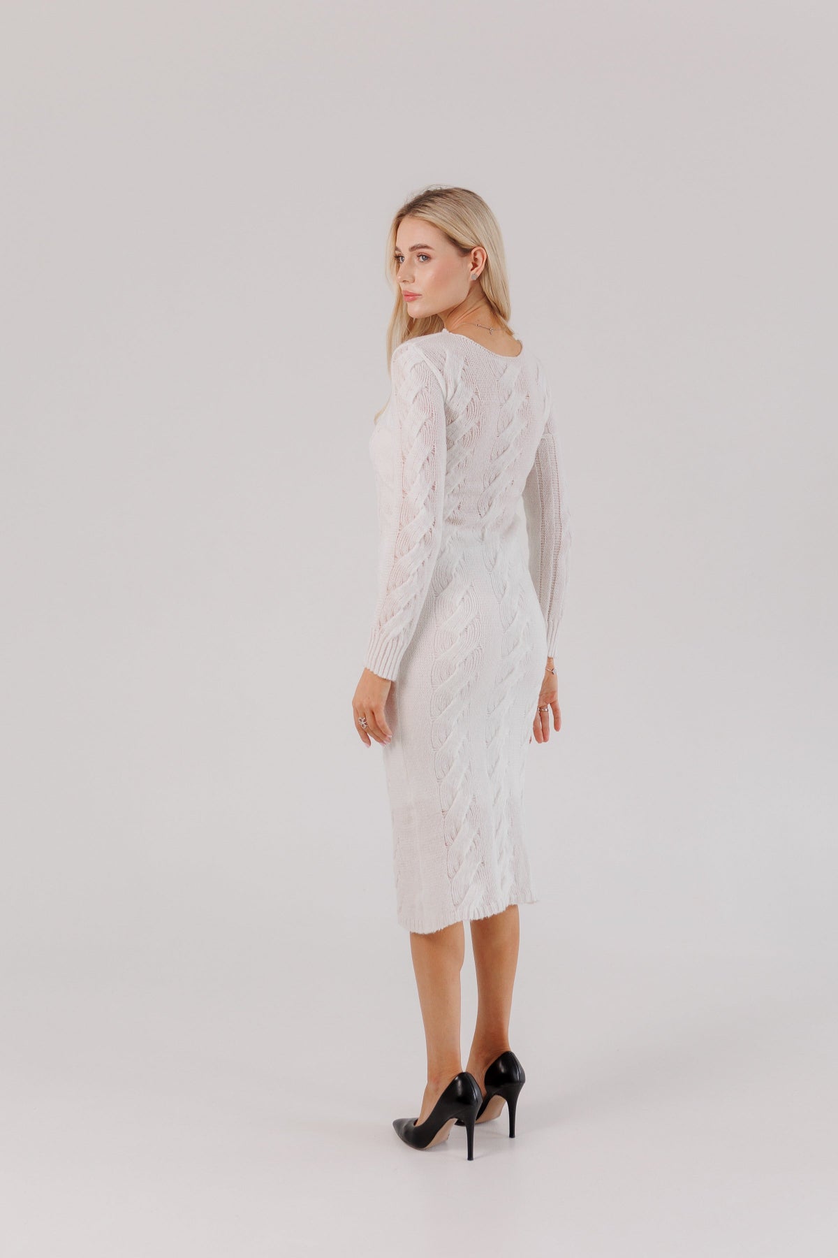 White Knit Midi Dress — Wool Blend Cable Knit Bodycon, Winter Elegant Dress